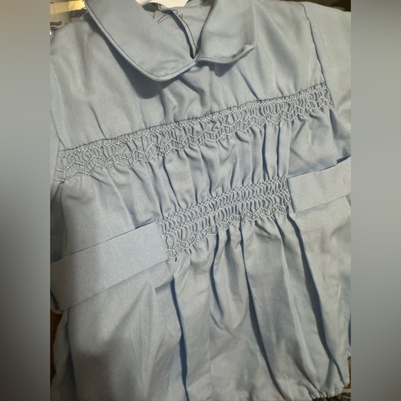 Vintage blue smocked heirloom bubble romper 3m 14.5” sts baby boy boutique - Picture 2 of 2
